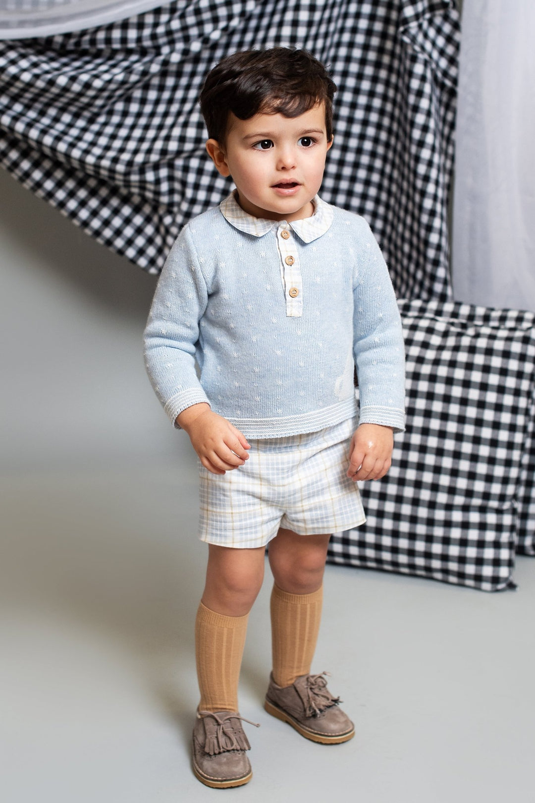 Foque "Eddie" Sky Blue Knit Teddy Top & Tartan Shorts - Millie and John