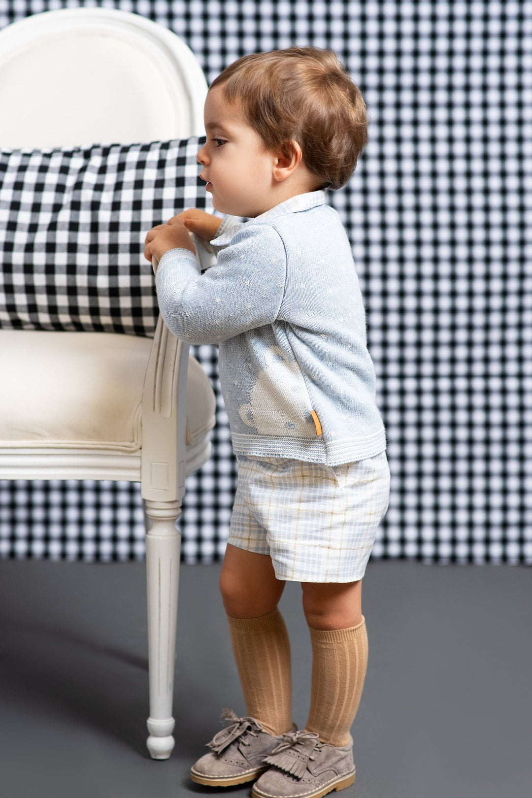 Foque "Eddie" Sky Blue Knit Teddy Top & Tartan Shorts - Millie and John