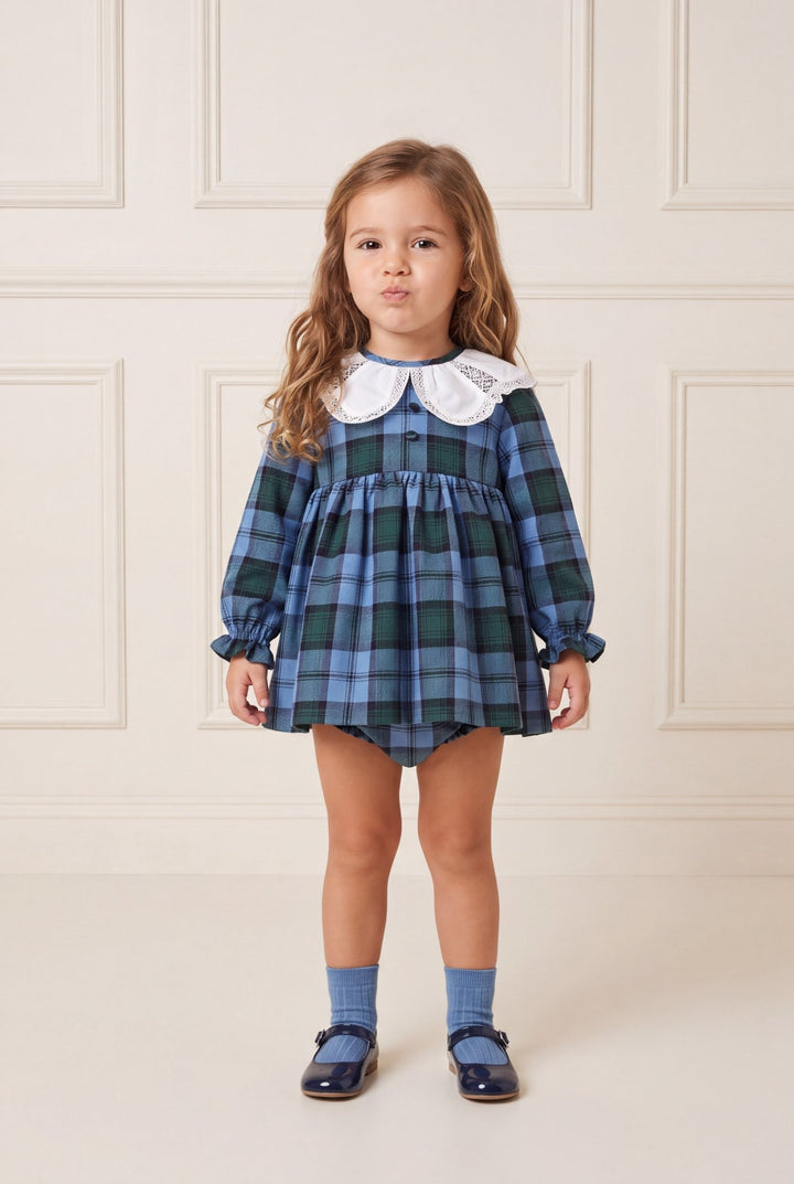 Foque "Florence" Cornflower Blue Tartan Dress &amp; Bloomers - Millie and John