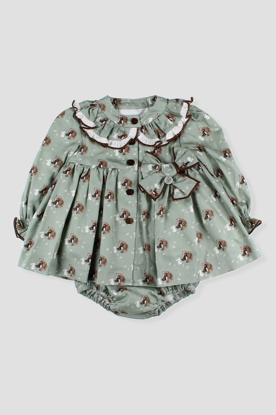 Foque "Mimi" Sage Green Bear Dress & Bloomers - Millie and John