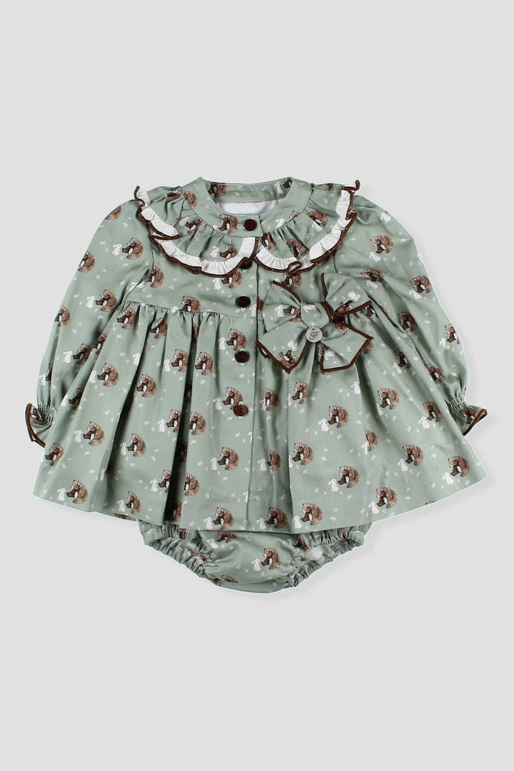 Foque "Mimi" Sage Green Bear Dress & Bloomers - Millie and John