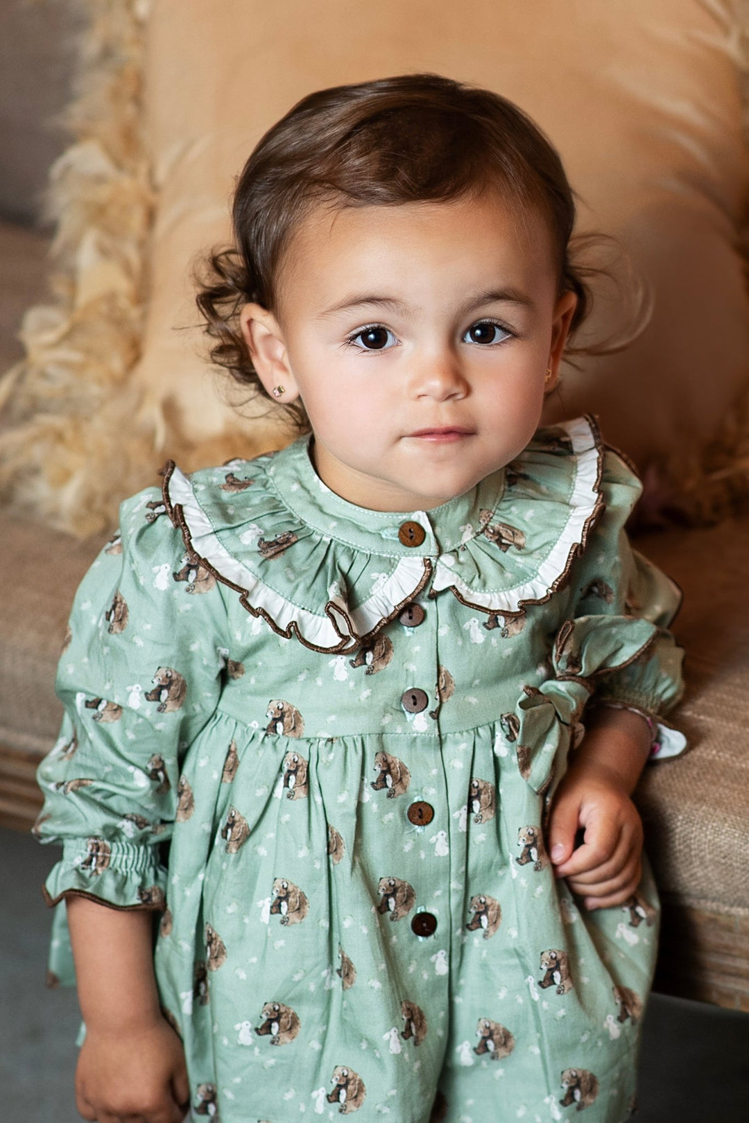 Foque "Mimi" Sage Green Bear Dress & Bloomers - Millie and John