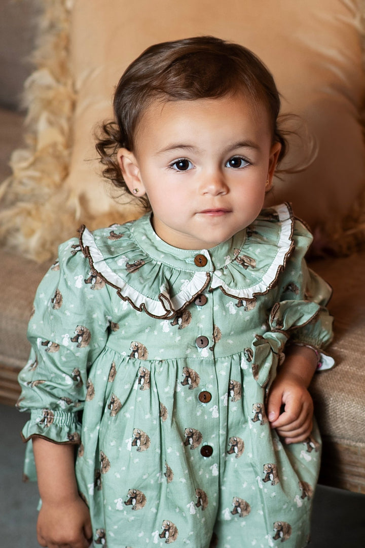 Foque "Mimi" Sage Green Bear Dress & Bloomers - Millie and John