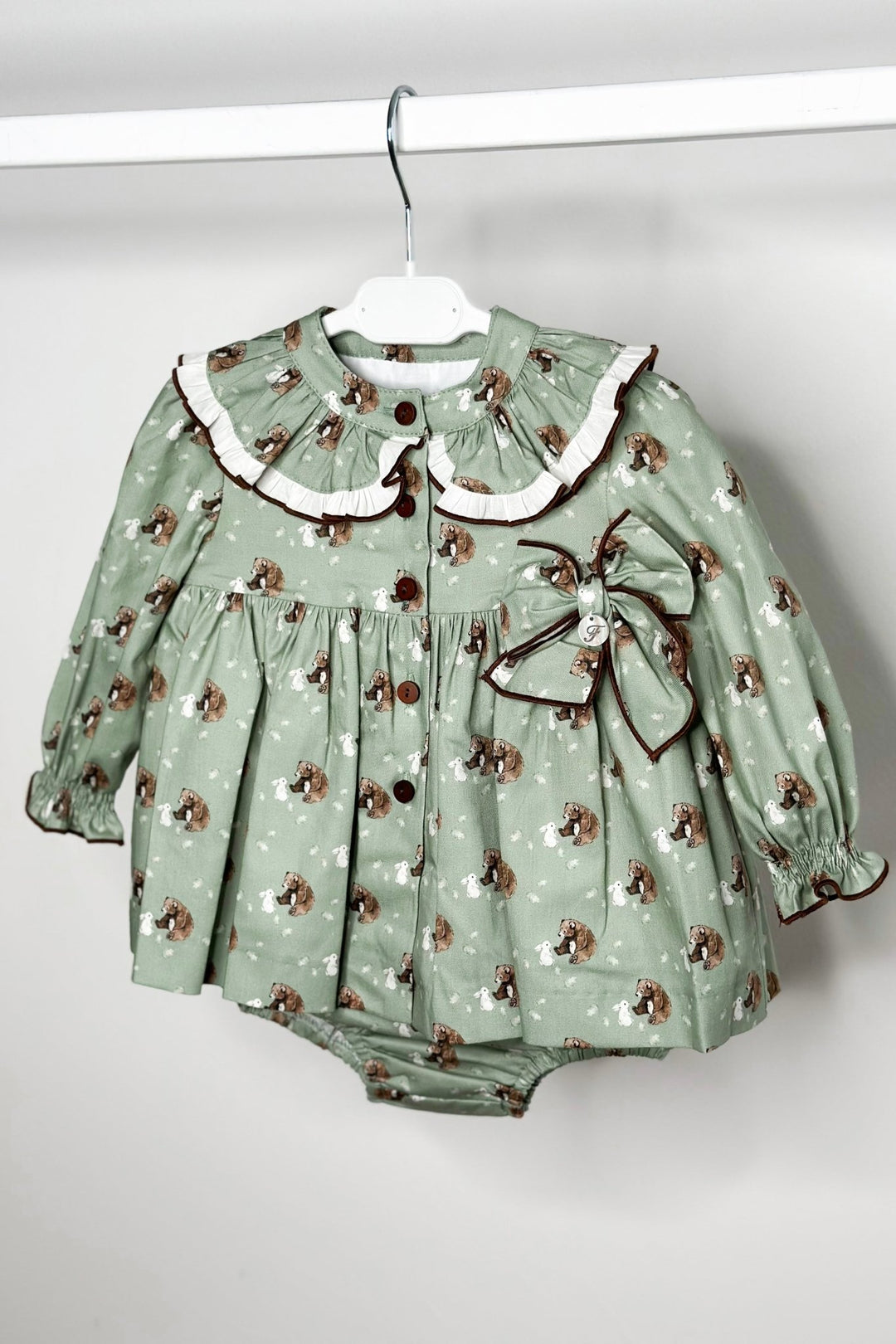 Foque "Mimi" Sage Green Bear Dress & Bloomers - Millie and John