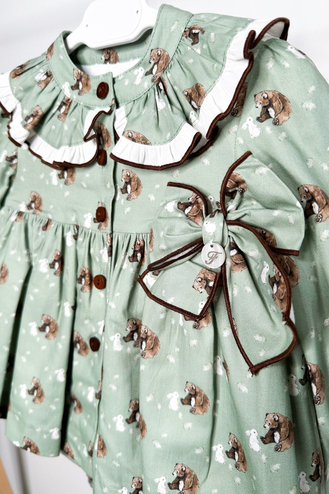 Foque "Mimi" Sage Green Bear Dress & Bloomers - Millie and John