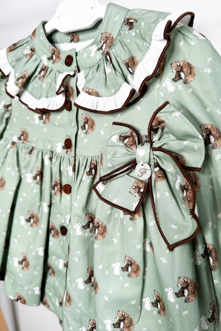 Foque "Mimi" Sage Green Bear Dress & Bloomers - Millie and John