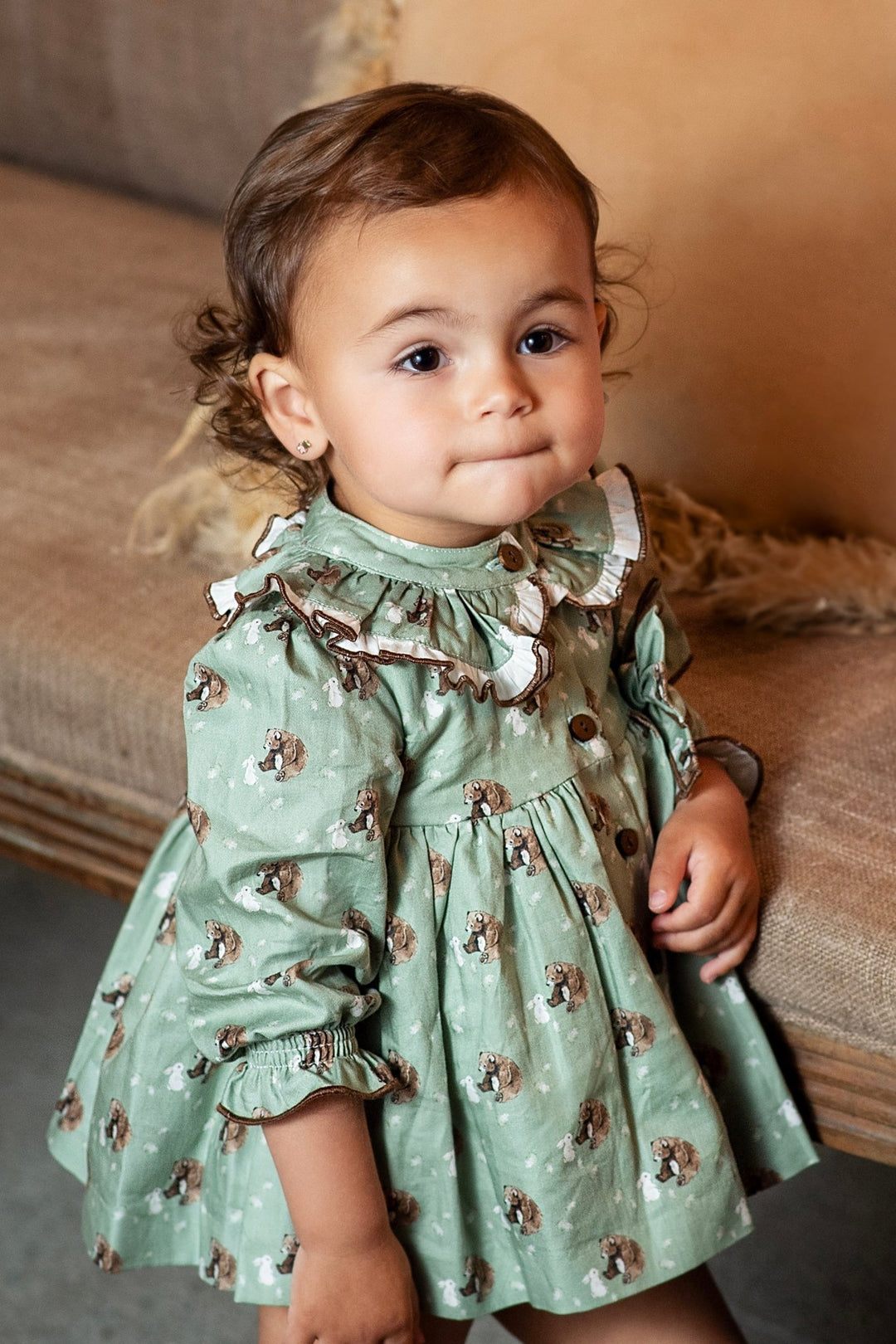 Foque "Mimi" Sage Green Bear Dress & Bloomers - Millie and John