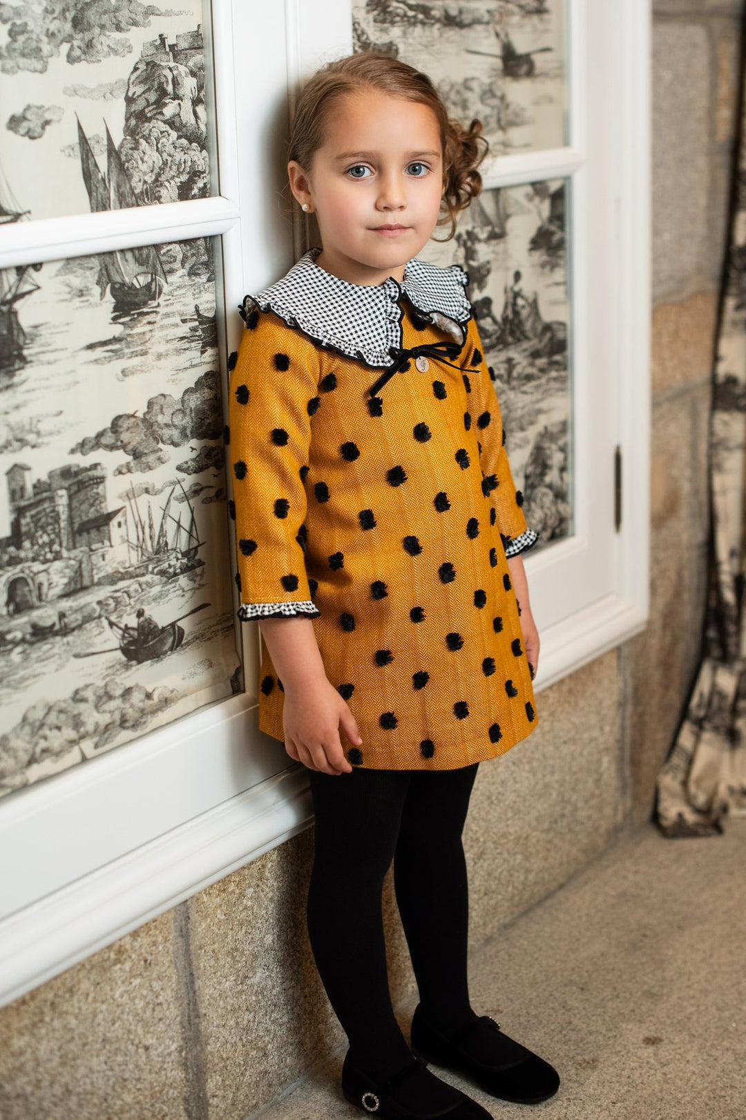 Foque AW24 | "Peggy" Mustard & Black Gingham Polka Dot Dress Millie and John Foque AW24 | "Peggy" Mustard & Black Gingham Polka Dot Dress Millie and John