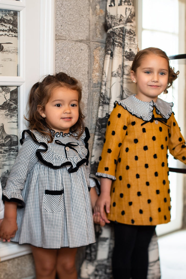 Foque "Peggy" Mustard & Black Gingham Polka Dot Dress - Millie and John