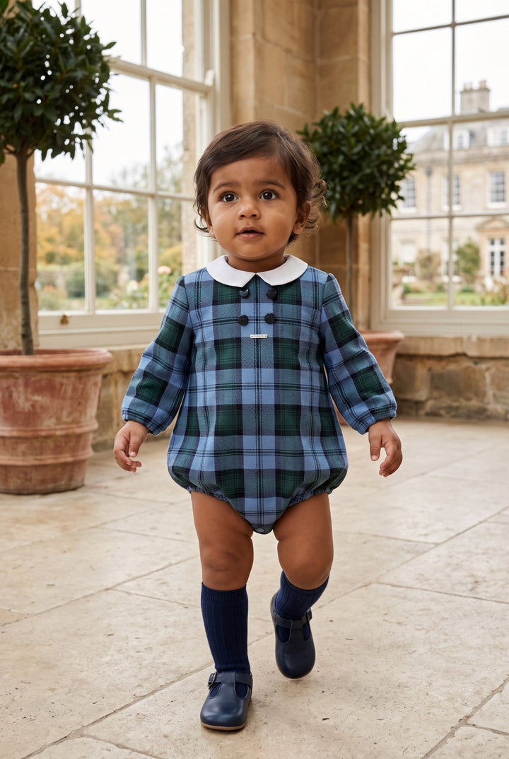 Foque "Sebastian" Cornflower Blue Tartan Romper - Millie and John