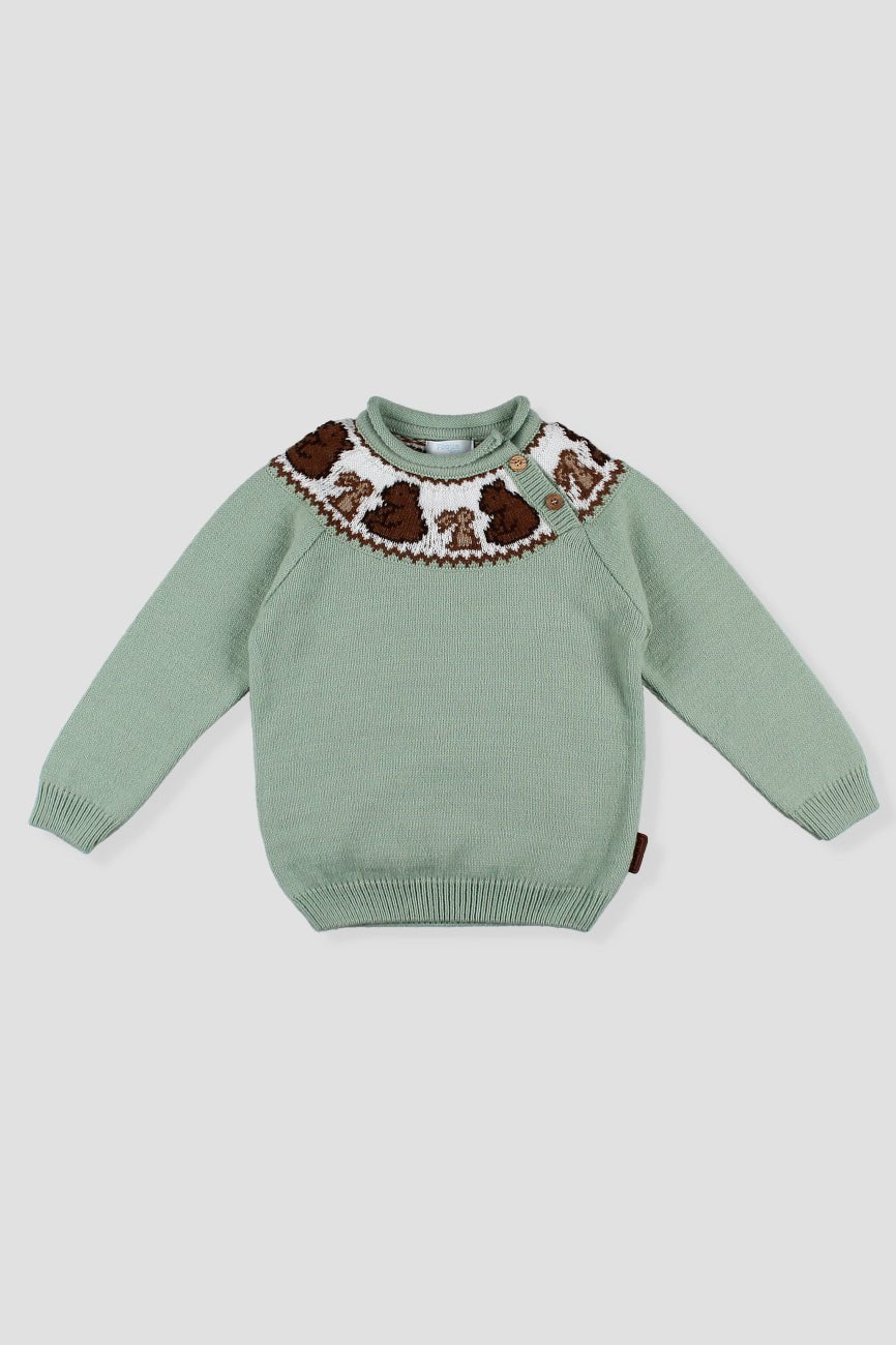 Foque "Stevie" Sage Green Knit Bear Jumper - Millie and John