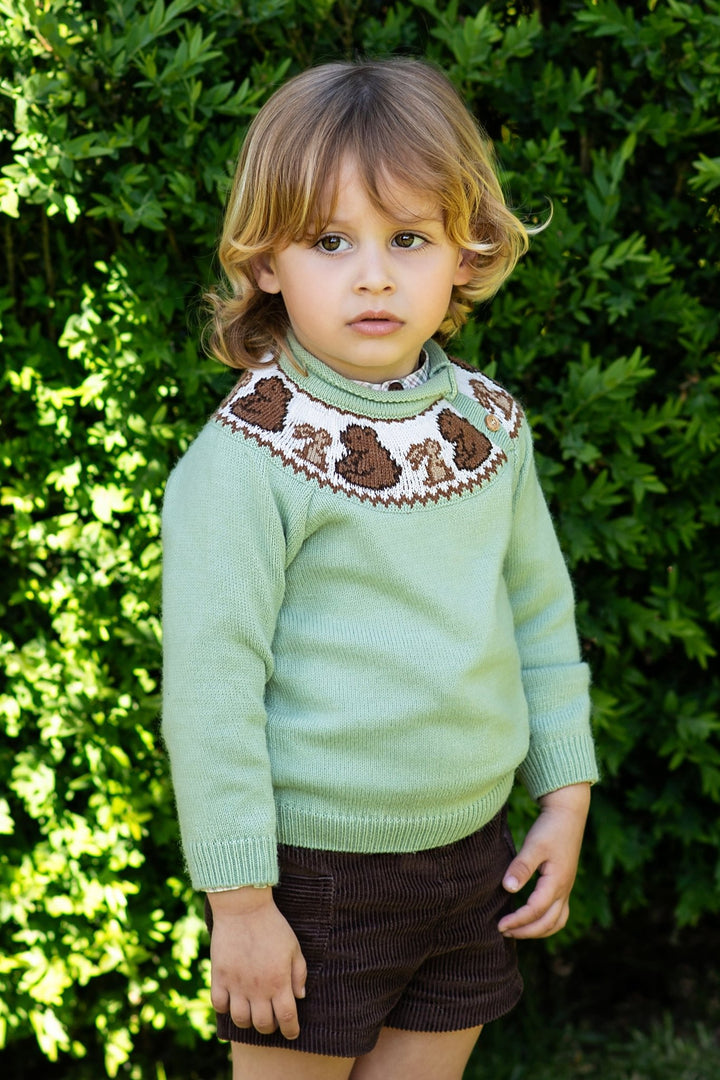 Foque "Stevie" Sage Green Knit Bear Jumper - Millie and John