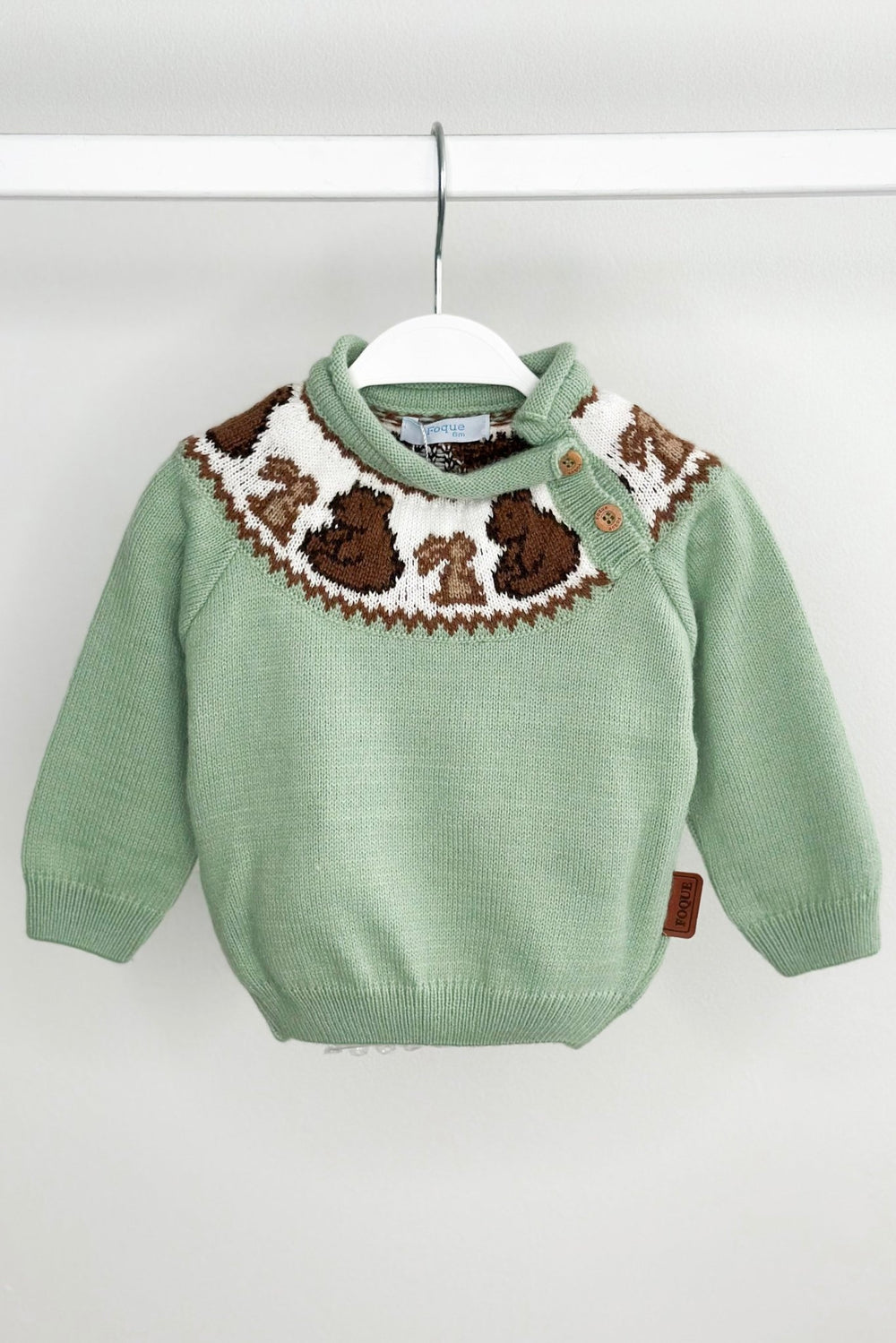 Foque "Stevie" Sage Green Knit Bear Jumper - Millie and John