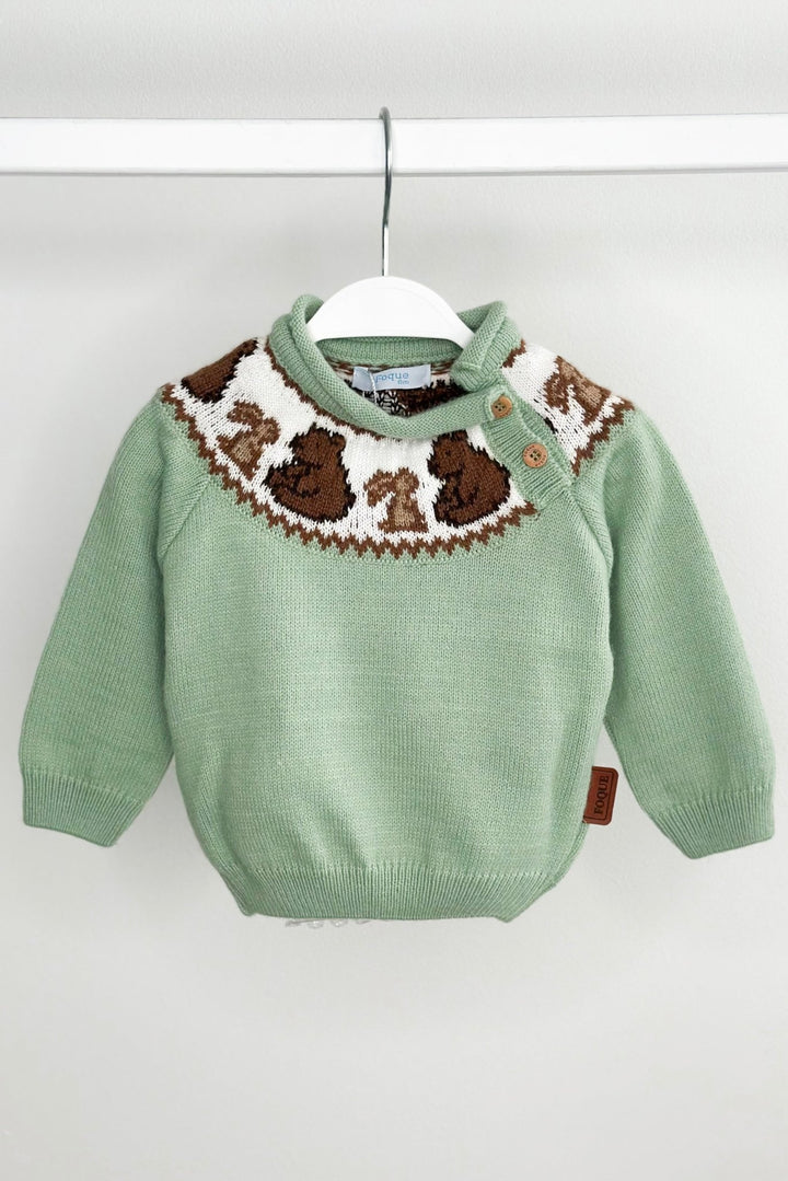 Foque "Stevie" Sage Green Knit Bear Jumper - Millie and John