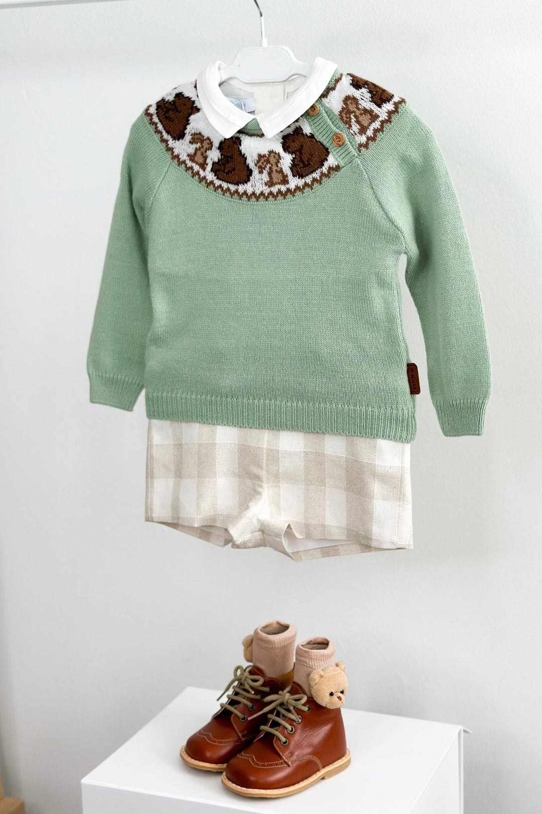 Foque "Stevie" Sage Green Knit Bear Jumper - Millie and John
