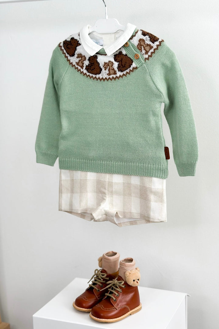 Foque "Stevie" Sage Green Knit Bear Jumper - Millie and John