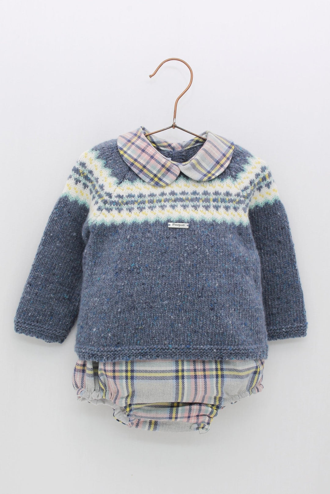 Foque "Timmy" Dusky Blue Knit Top & Tartan Jam Pants - Millie and John