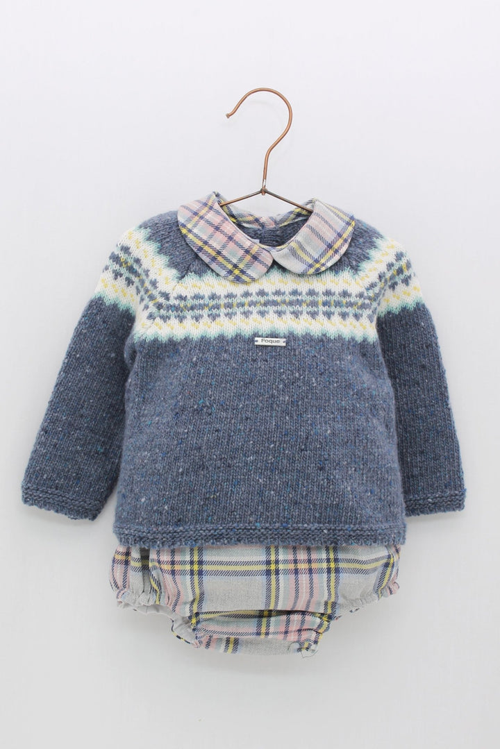 Foque "Timmy" Dusky Blue Knit Top & Tartan Jam Pants - Millie and John
