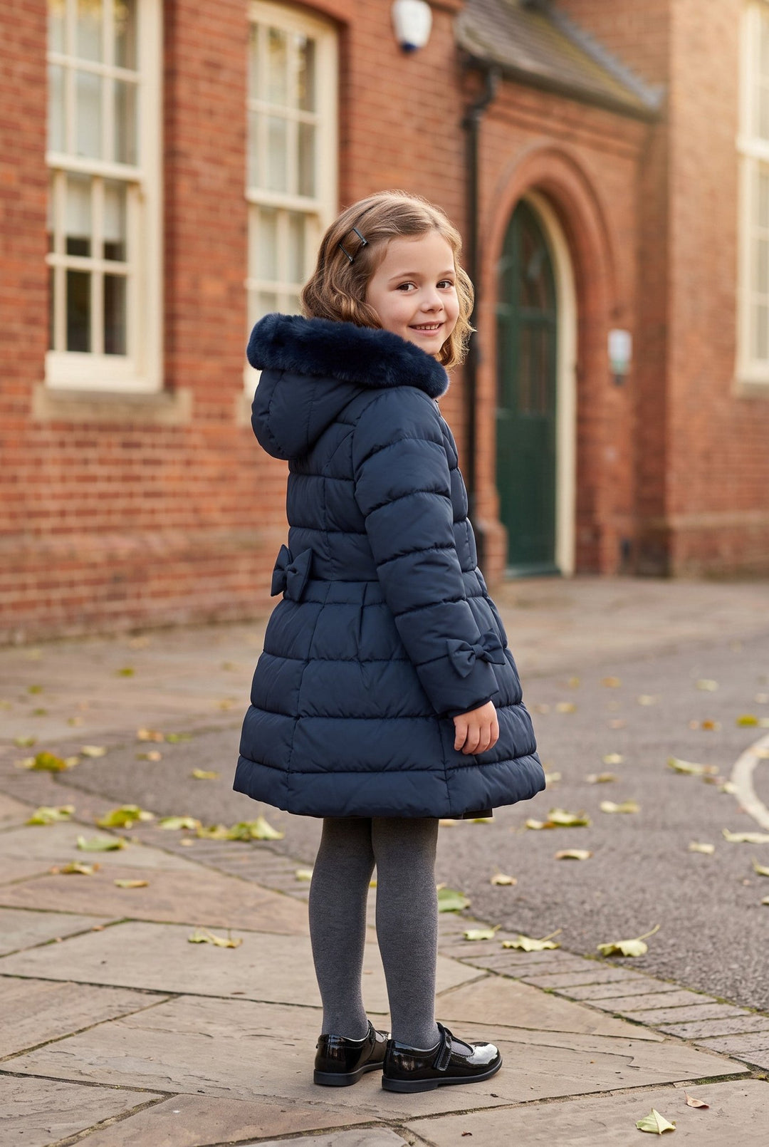 Giorgio Bambini "Clara" Navy Bow Puffer School Coat - Millie and John
