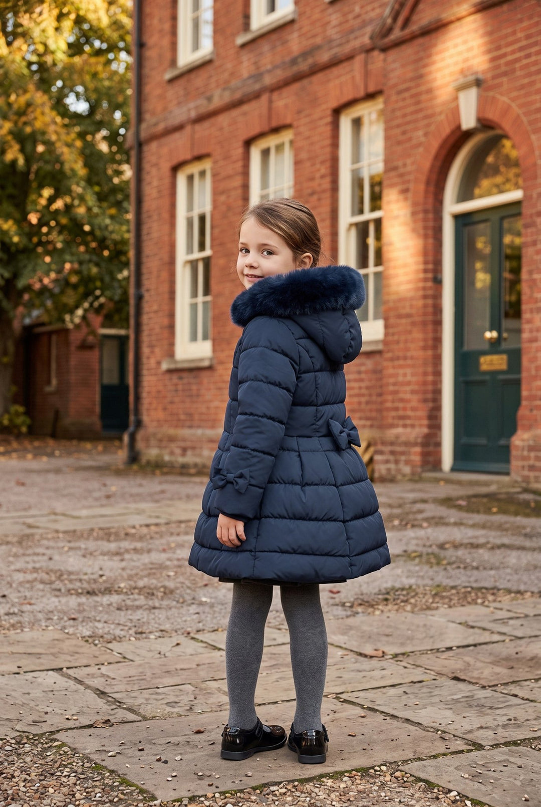 Giorgio Bambini "Clara" Navy Bow Puffer School Coat - Millie and John