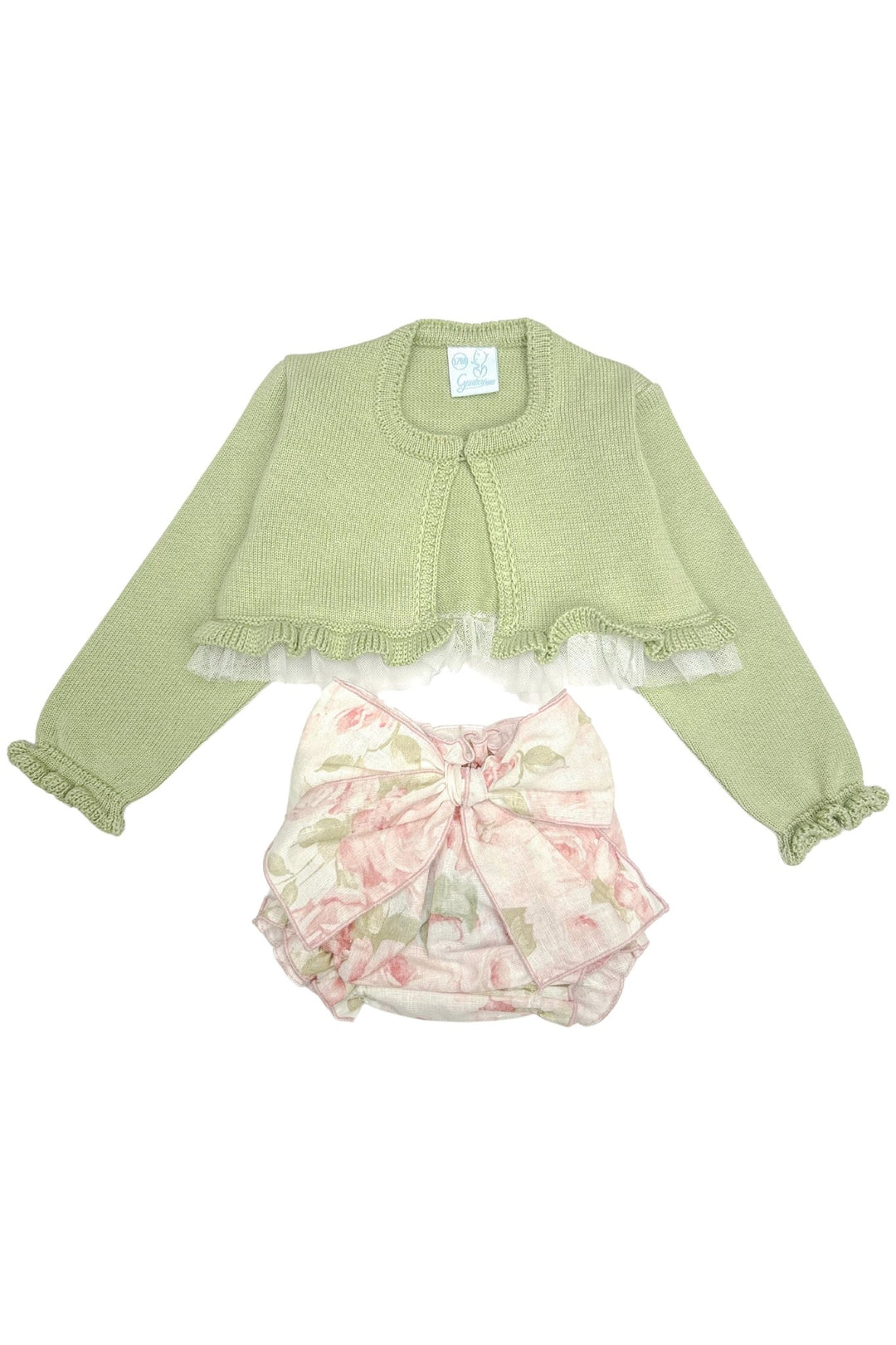 Granlei "Amara" Pistachio Tulle Cardigan & Floral Bloomers - Millie and John