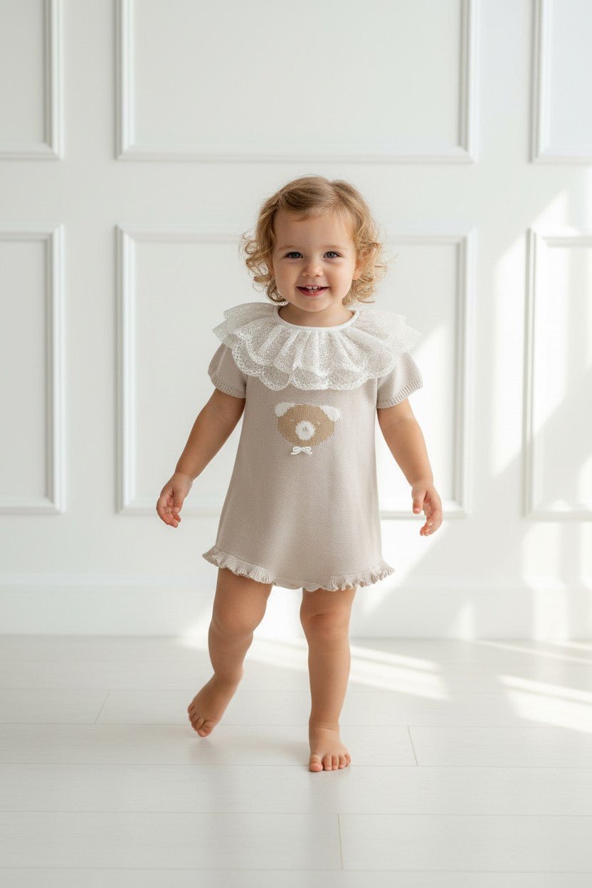 Granlei "Bluebelle" Stone Knitted Lace Collar Bear Romper - Millie and John