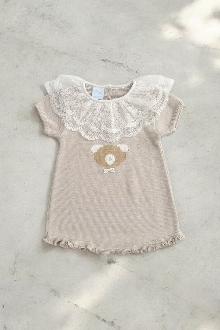 Granlei "Bluebelle" Stone Knitted Lace Collar Bear Romper - Millie and John