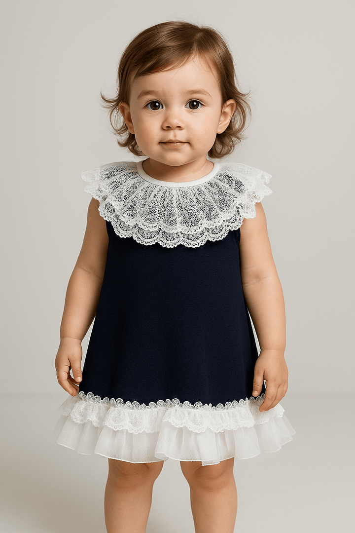 Granlei "Eleonora" Navy Knitted Lace & Tulle Bow Dress - Millie and John