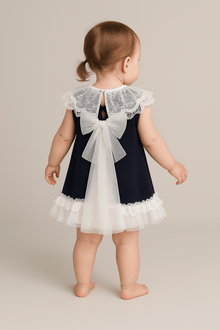 Granlei "Eleonora" Navy Knitted Lace & Tulle Bow Dress - Millie and John