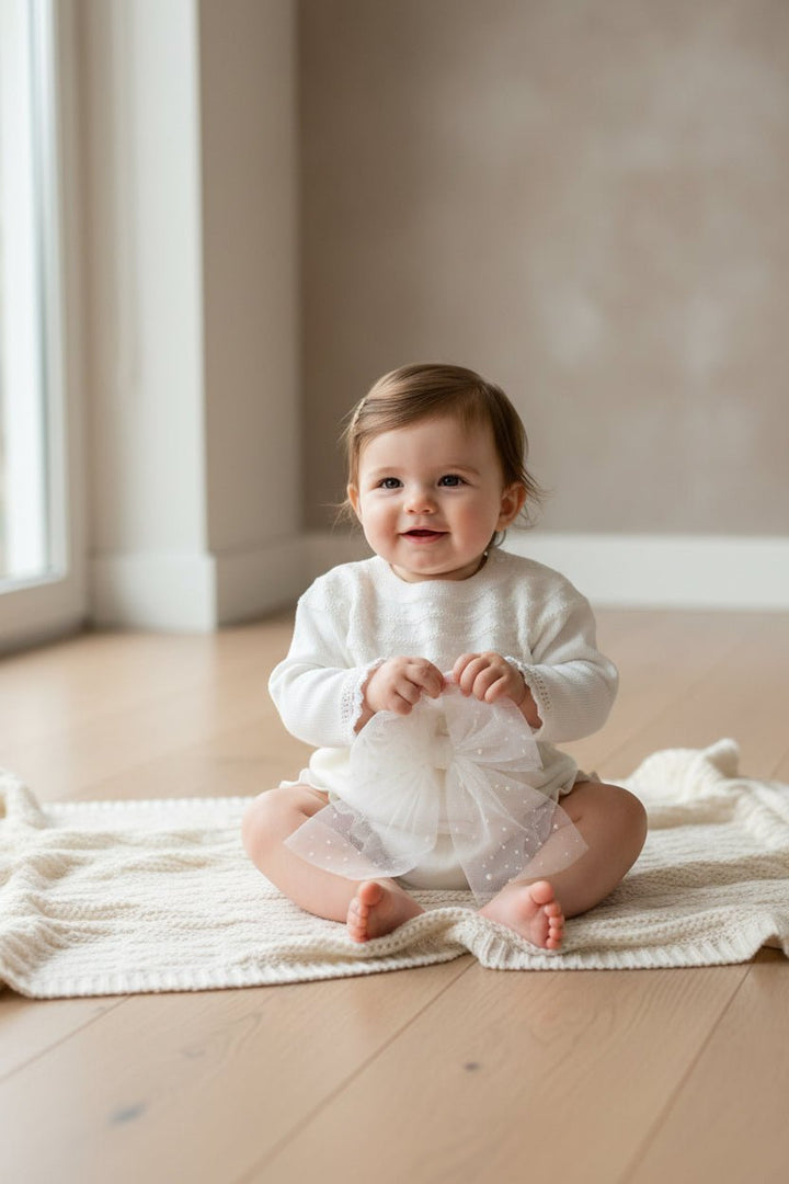Granlei "Flora" Ivory Knit Top & Tulle Bow Bloomers - Millie and John