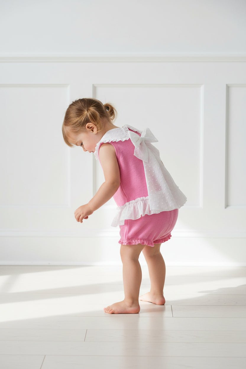 Granlei "Keke" Hot Pink Plumeti Dot Bow Knit Blouse & Shorts - Millie and John