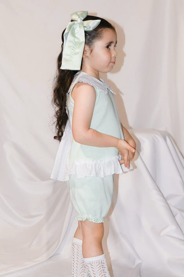 Granlei "Keke" Mint Plumeti Dot Bow Knit Blouse & Shorts - Millie and John