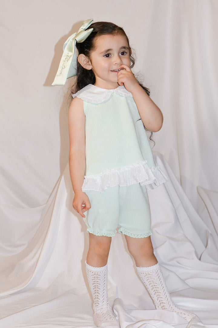 Granlei "Keke" Mint Plumeti Dot Bow Knit Blouse & Shorts - Millie and John