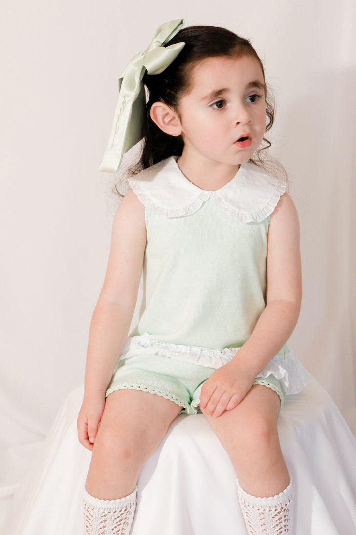 Granlei "Keke" Mint Plumeti Dot Bow Knit Blouse & Shorts - Millie and John