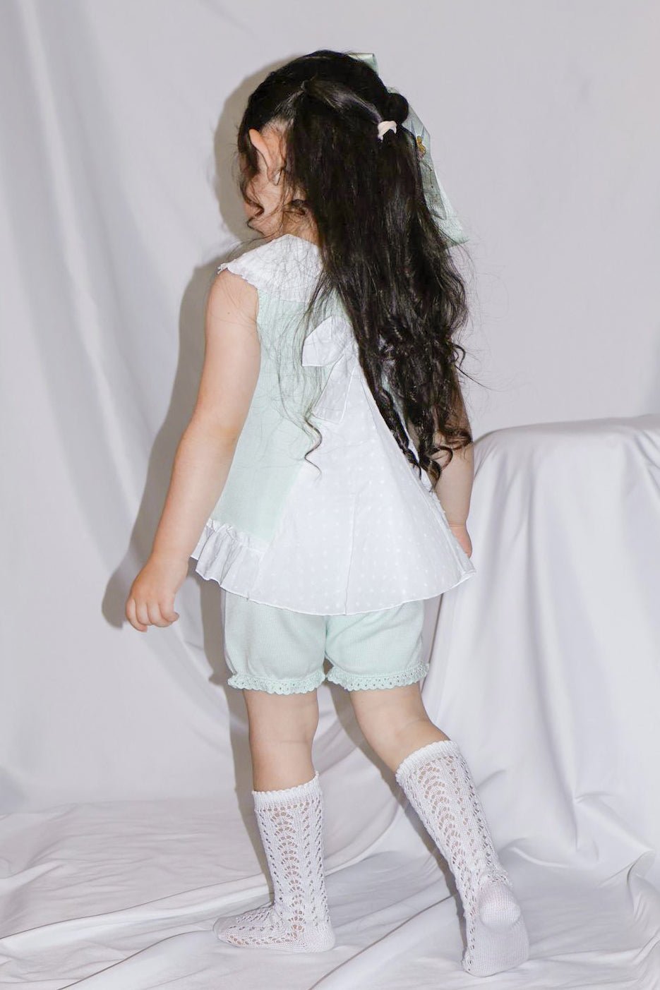 Granlei "Keke" Mint Plumeti Dot Bow Knit Blouse & Shorts - Millie and John