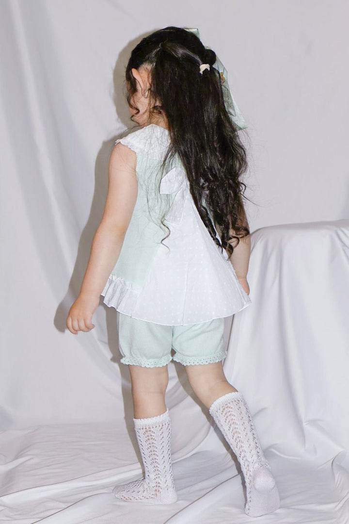 Granlei "Keke" Mint Plumeti Dot Bow Knit Blouse & Shorts - Millie and John