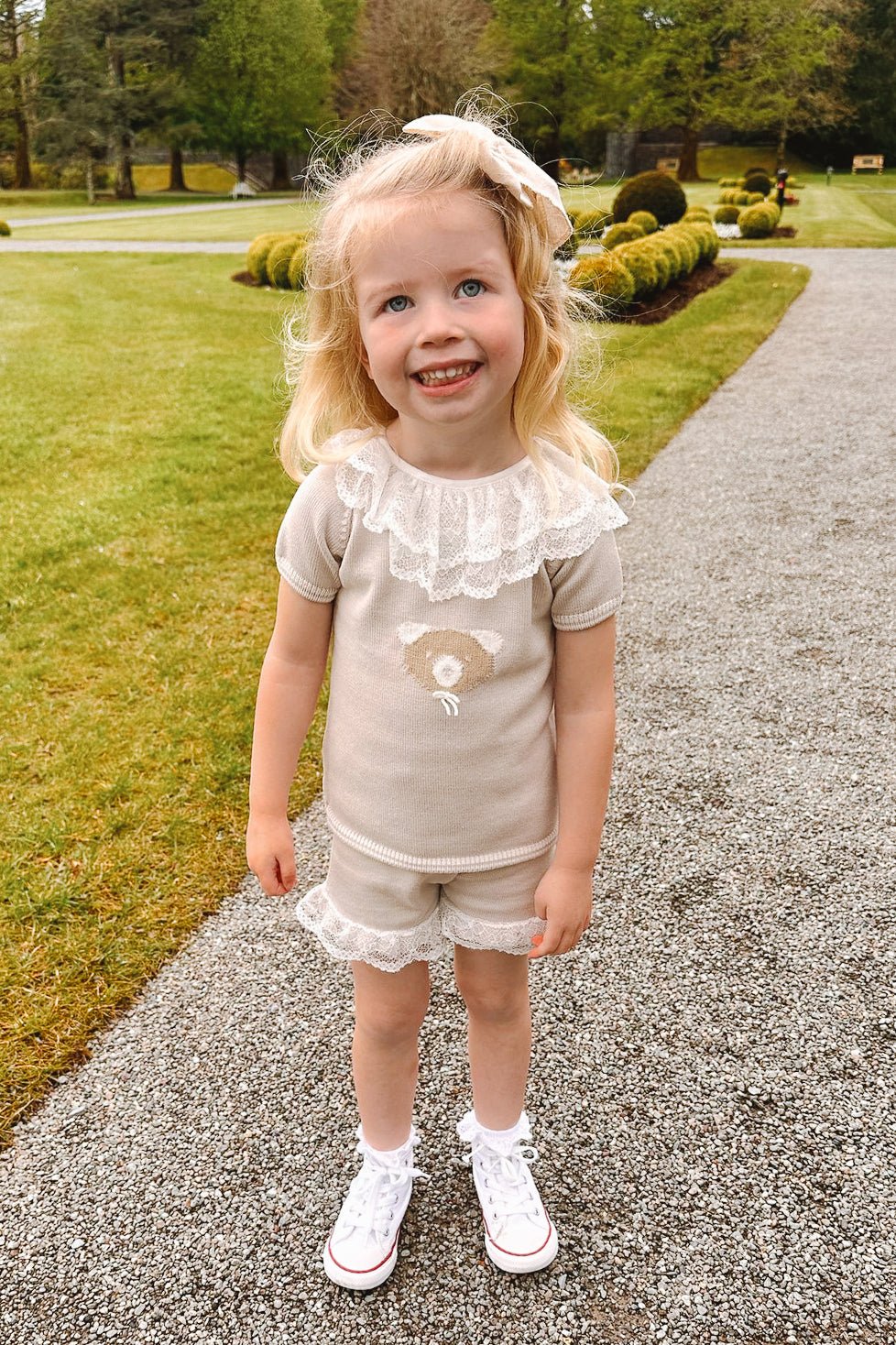 Granlei "Millicent" Stone Knitted Lace Bear Top & Shorts - Millie and John