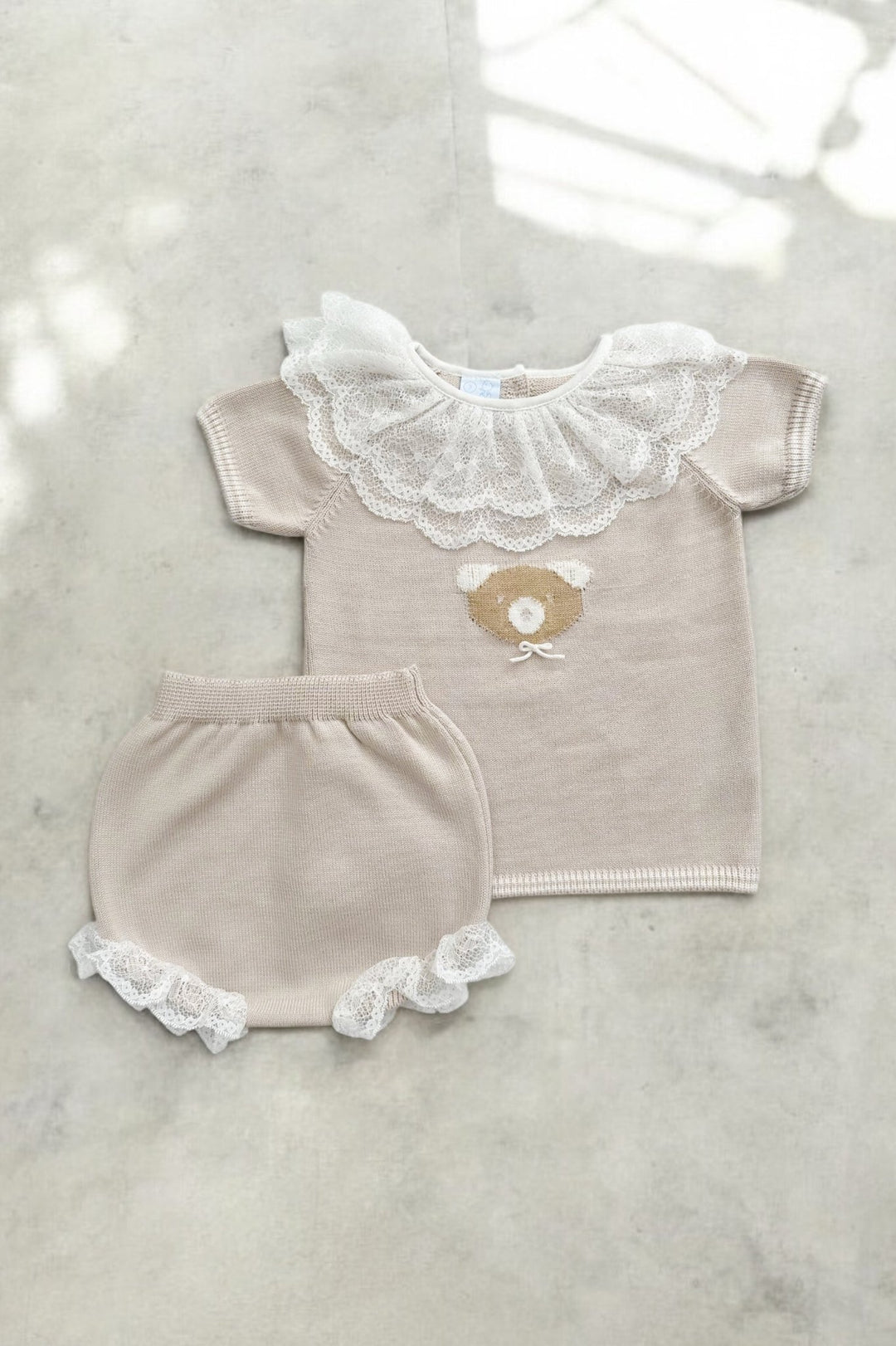 Granlei "Millie" Stone Knitted Lace Bear Top & Bloomers - Millie and John
