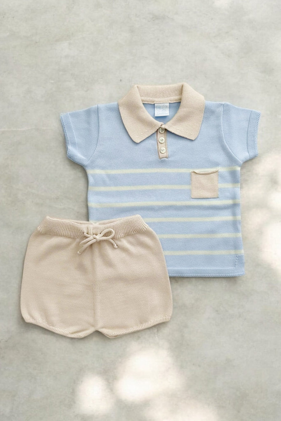 Granlei "Montee" Baby Blue, Stone & Mint Striped Polo Shirt & Shorts - Millie and John