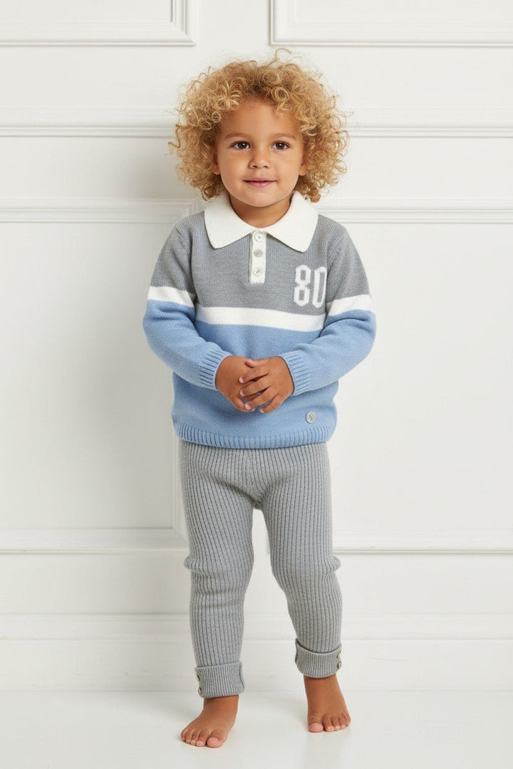Granlei "Oscar" Dusky Blue &amp; Grey Knit Polo Top &amp; Leggings - Millie and John