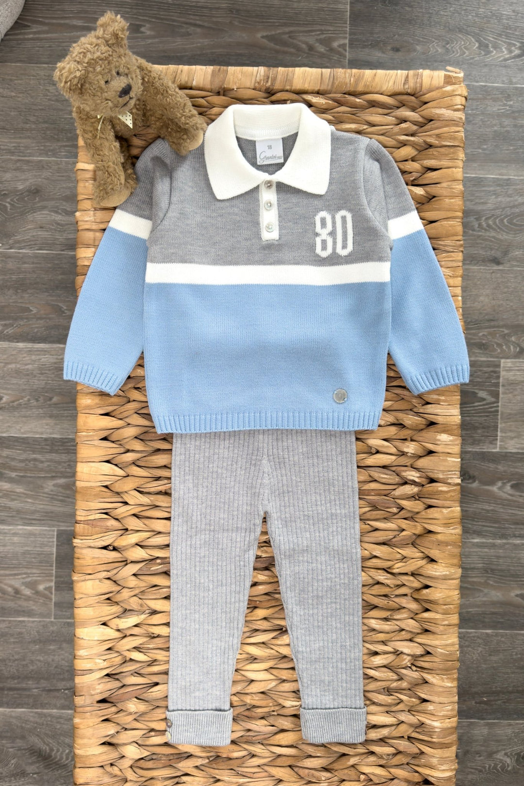 Granlei "Oscar" Dusky Blue & Grey Knit Polo Top & Leggings - Millie and John
