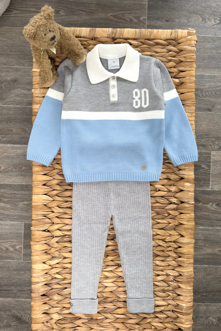 Granlei "Oscar" Dusky Blue & Grey Knit Polo Top & Leggings - Millie and John