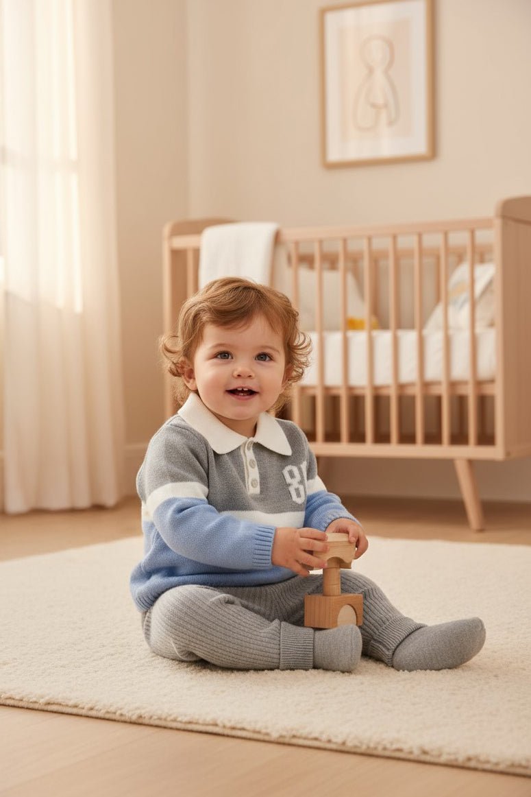 Granlei "Oscar" Dusky Blue & Grey Knit Polo Top & Leggings - Millie and John