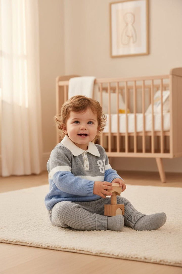 Granlei "Oscar" Dusky Blue & Grey Knit Polo Top & Leggings - Millie and John