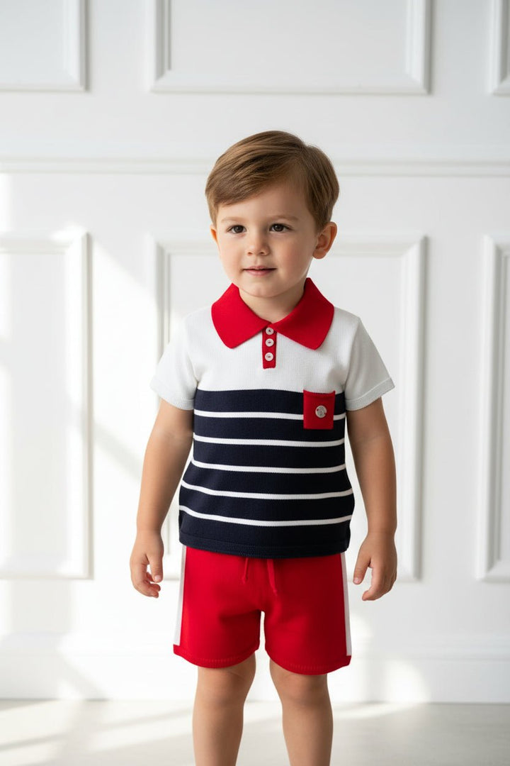 Granlei "Tobias" Red, White & Navy Striped Polo Shirt & Shorts - Millie and John