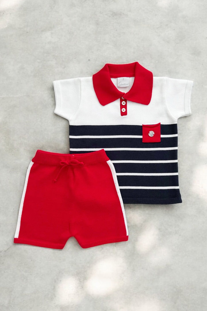 Granlei "Tobias" Red, White & Navy Striped Polo Shirt & Shorts - Millie and John