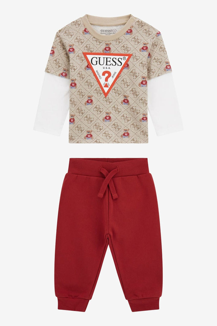 GUESS® Kids "Bowie" Beige Teddy Monogram Top & Red Joggers - Millie and John