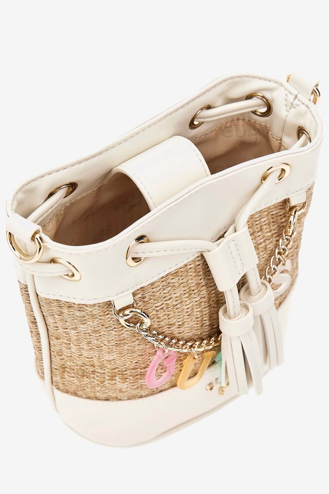 GUESS® Kids "Bria" Cream Straw Mini Bucket Bag - Millie and John