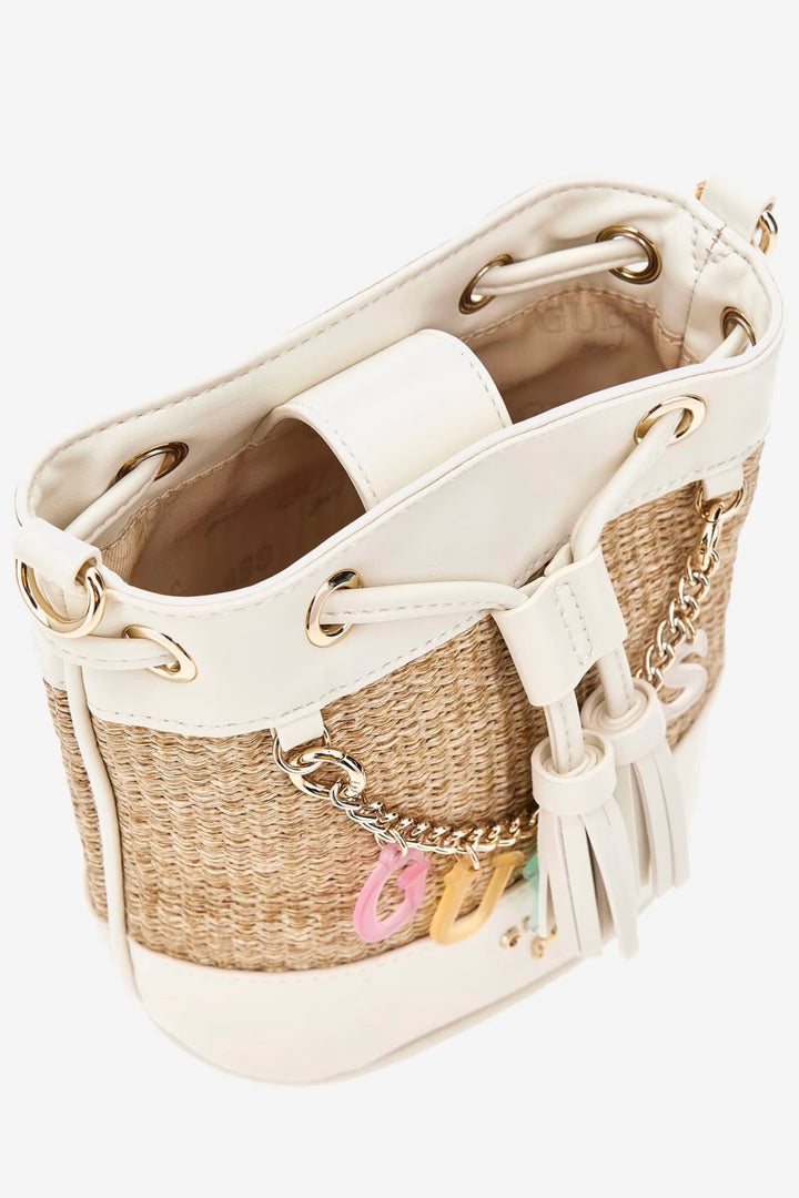 GUESS® Kids "Bria" Cream Straw Mini Bucket Bag - Millie and John