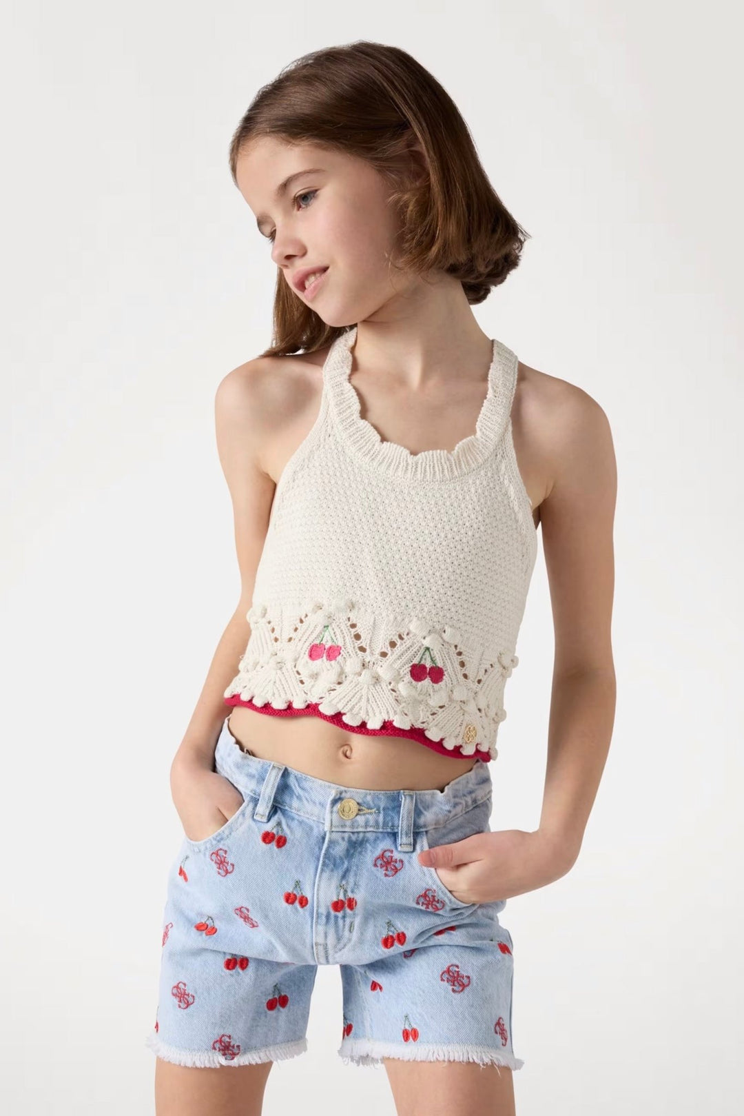 GUESS® Kids "Clover" White Ribbed Cherry Vest & Embroidered Denim Shorts - Millie and John